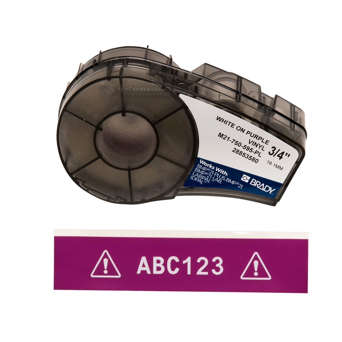 BR-M21-750-595-PL - M21-750-595-PL CINTA DE IMPRESIÓN Y CINTA DE ETIQUETAS DE VINILO CON ADHESIVO PERMANENTE PARA TODO TIPO DE CLIMA, IMPRESORAS M21-0.75" BLANCO/MORADO