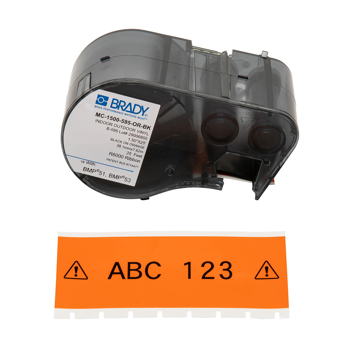 BR-MC-1500-595-OR-BK - MC-1500-595-OR-BK CARTUCHO DE ETIQUETAS VINIL 1.5inW x 25ftL NEGRO S/ANARANJADO BRADY