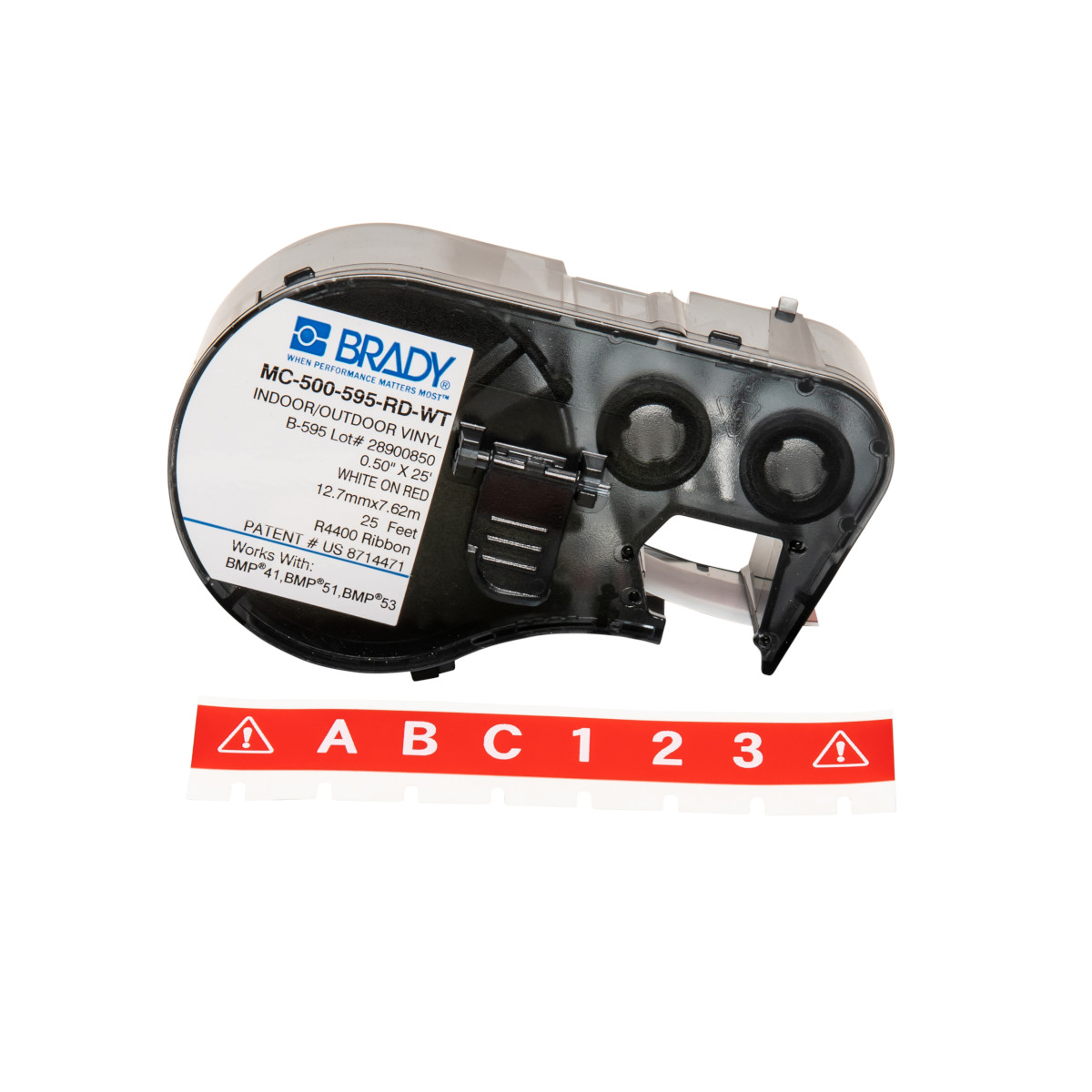 BR-MC-500-595-RD-WT - MC-500-595-RD-WT CARTUCHO DE ETIQUETA CONTINUA VINIL 0.5inW x 25ftL BLANCO S/ROJO BRADY