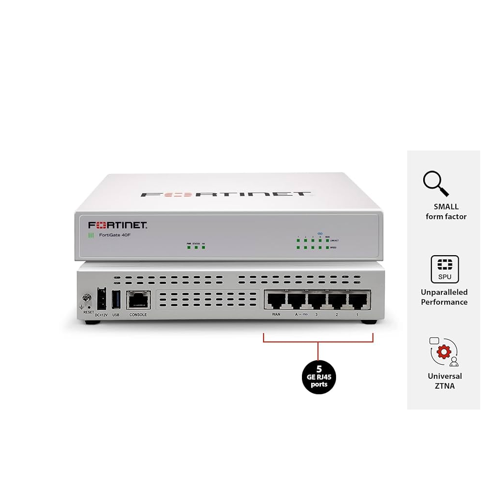 FORTINET-FG-40F - FG-40F5 Router con firewall (muro de fuego) 5 pts  x GE RJ45 ports (incluye , 1 x WAN Pt, 4 x puertos internos) 