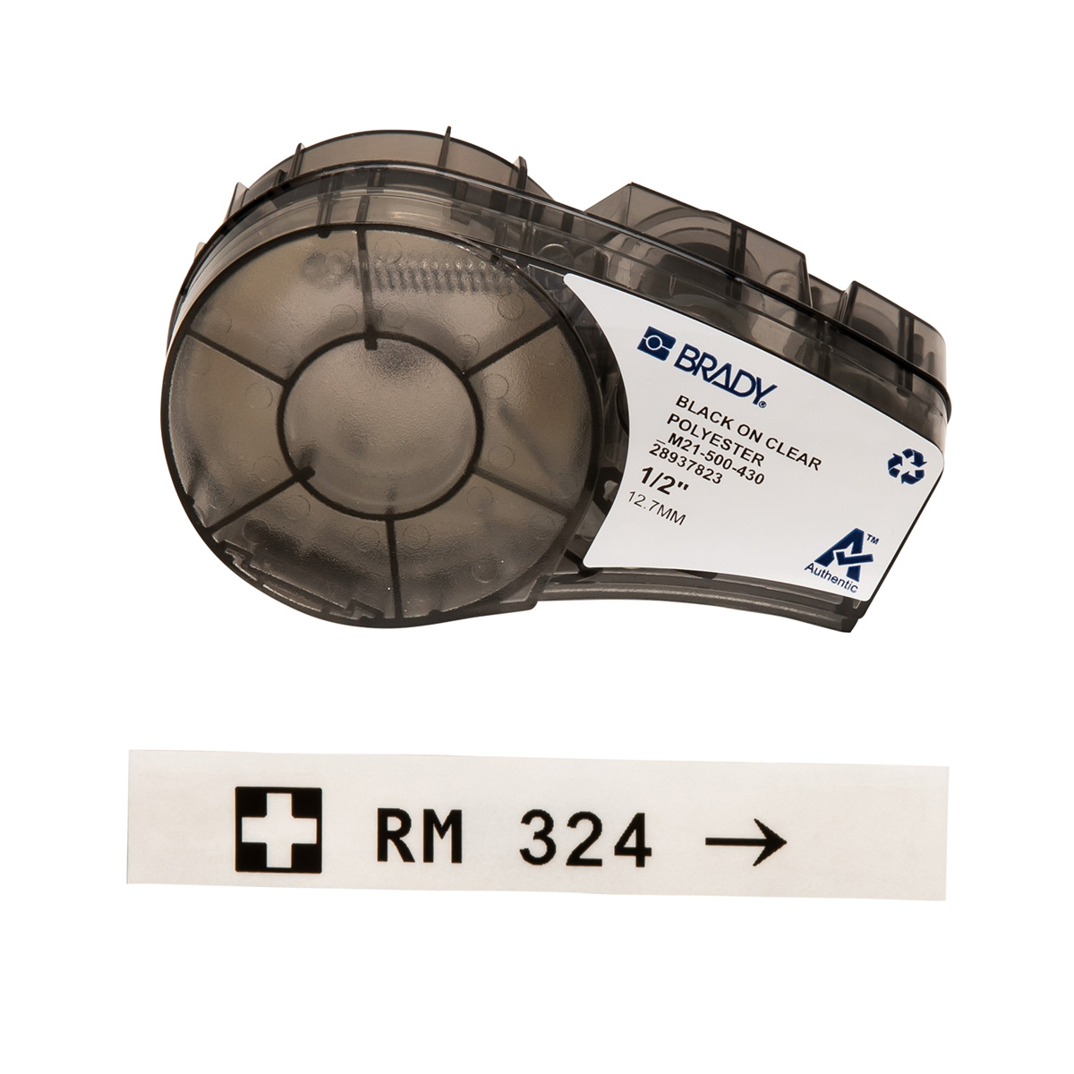 BR-M21-500-430 - M21-500-430 Etiquetas multiusos transparentes de poliéster para entornos agresivos con cinta de impresión, para impresoras M21 - 0.5", negro sobre transparente