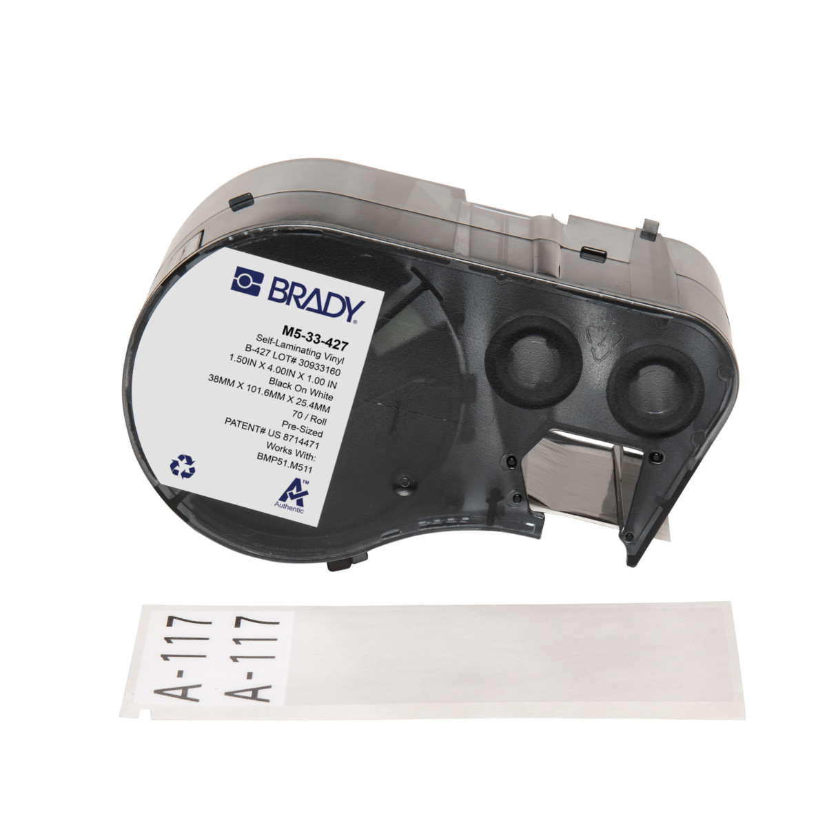 BR-M5-33-427 - M5-33-427 Etiquetas envolventes autolaminables de vinilo con cinta de impresión para impresoras M5 - 4" x 1.5", Blanco