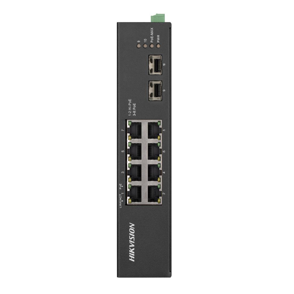 HIK-DS-3T0510HP-E-HS(O-STD) - DS-3T0510HP-E/HS(O-STD) SWITCH INDUSTRIAL NO ADMINISTRABLE 2 GIGA HI-POE 8 PTS - 6 PTS 10/100/1000 POE+ 2 SFP GIGA 240W TEMP -30~65°P DIN SIN FUENTE