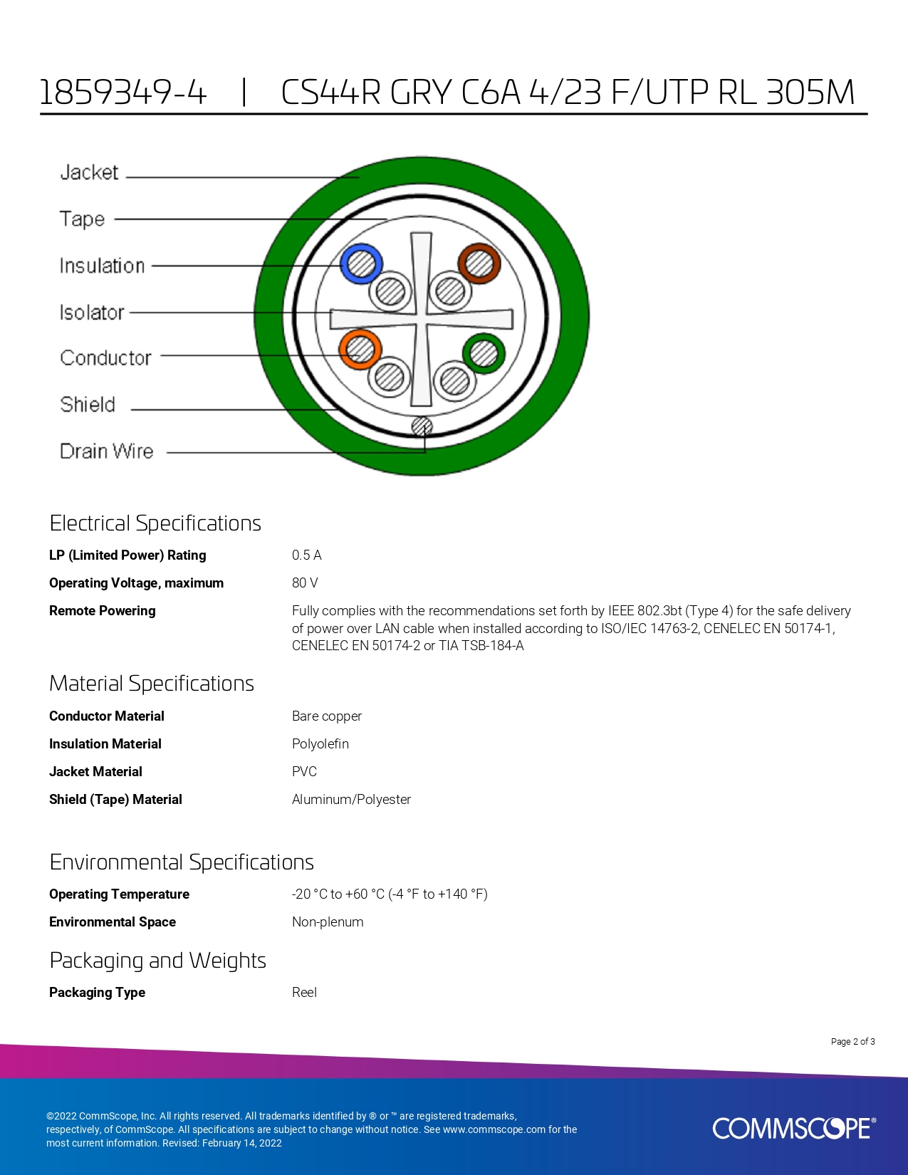 C-1859349-4 - 1859349-4 CABLE FUTP (FOILED) CAT 6A 4 PARES 23 AWG INTERIORES GRIS, COMMSCOPE