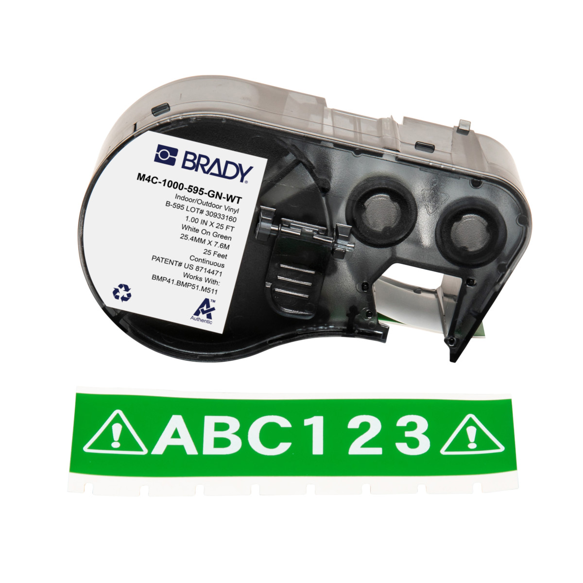 BR-M4C-1000-595-GN-WT - M4C-1000-595-GN-WT CINTA DE ETIQUETAS, VINIL, ADHESIVO PERMANENTE, TODO TIPO DE CLIMA, IMPRESIÓN PARA BMP41/BMP51/M511/M510, 1" BLANCO SOBRE VER VERDE