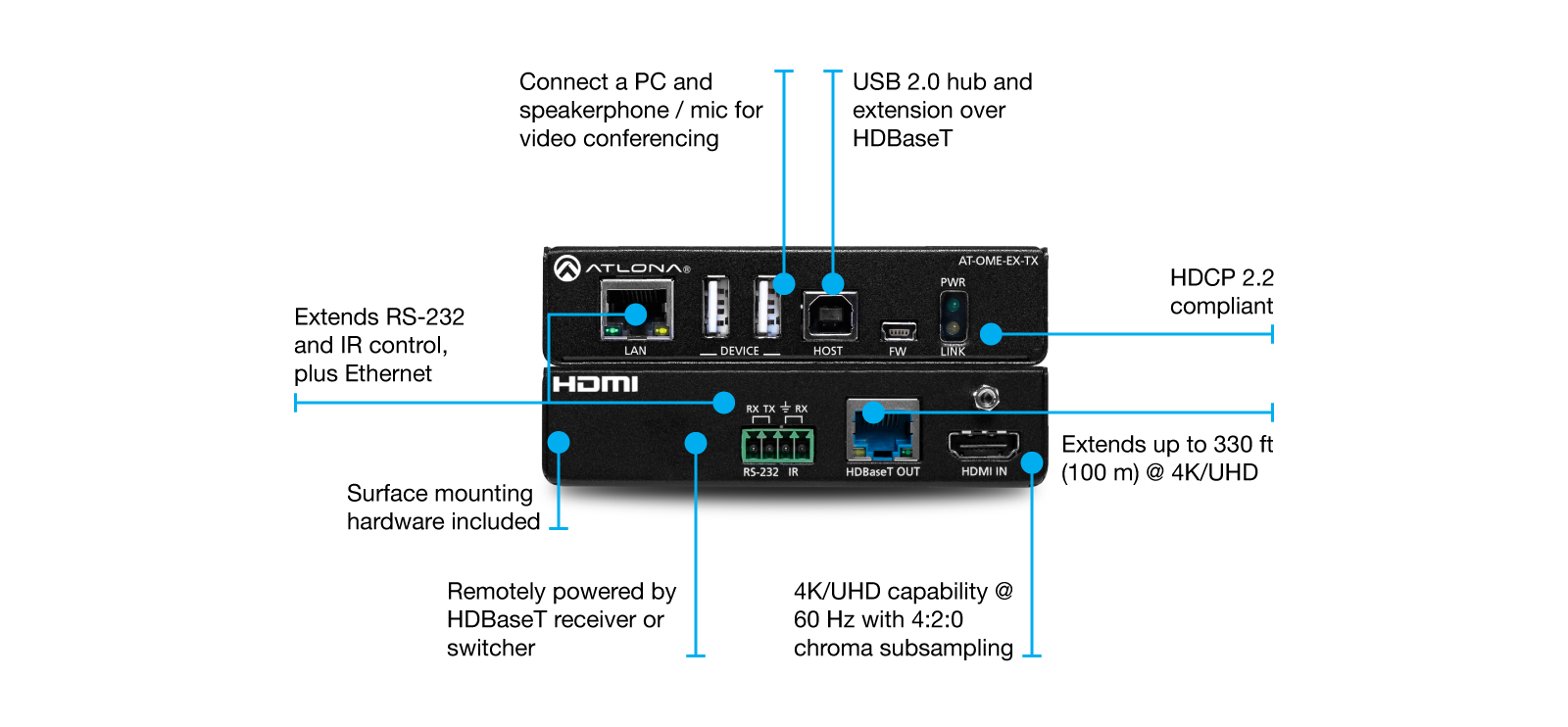 ATL-AT-OME-EX-TX - AT-OME-EX-TX TRANSMISOR HDMI 4K/UHD SOBRE HD BASET CON USB, CONTROL POE DE OMEGA
