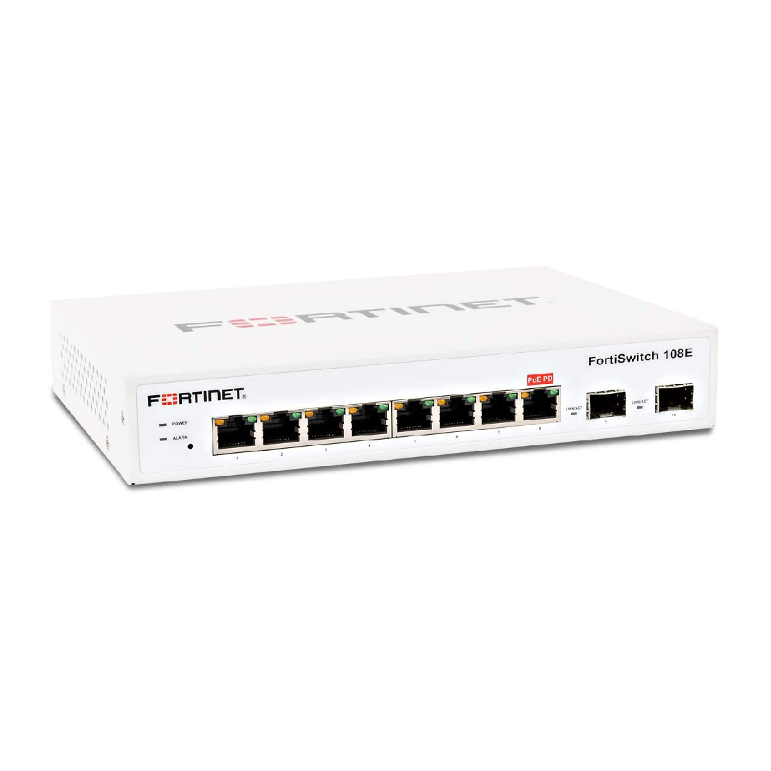 FORTINET-FS-108E - FS-108E switch capa 2 compatible con controlador Fortigate con 8 x GE RJ45 ports, 2x GE SFP, sin ventilador, AC y PSE