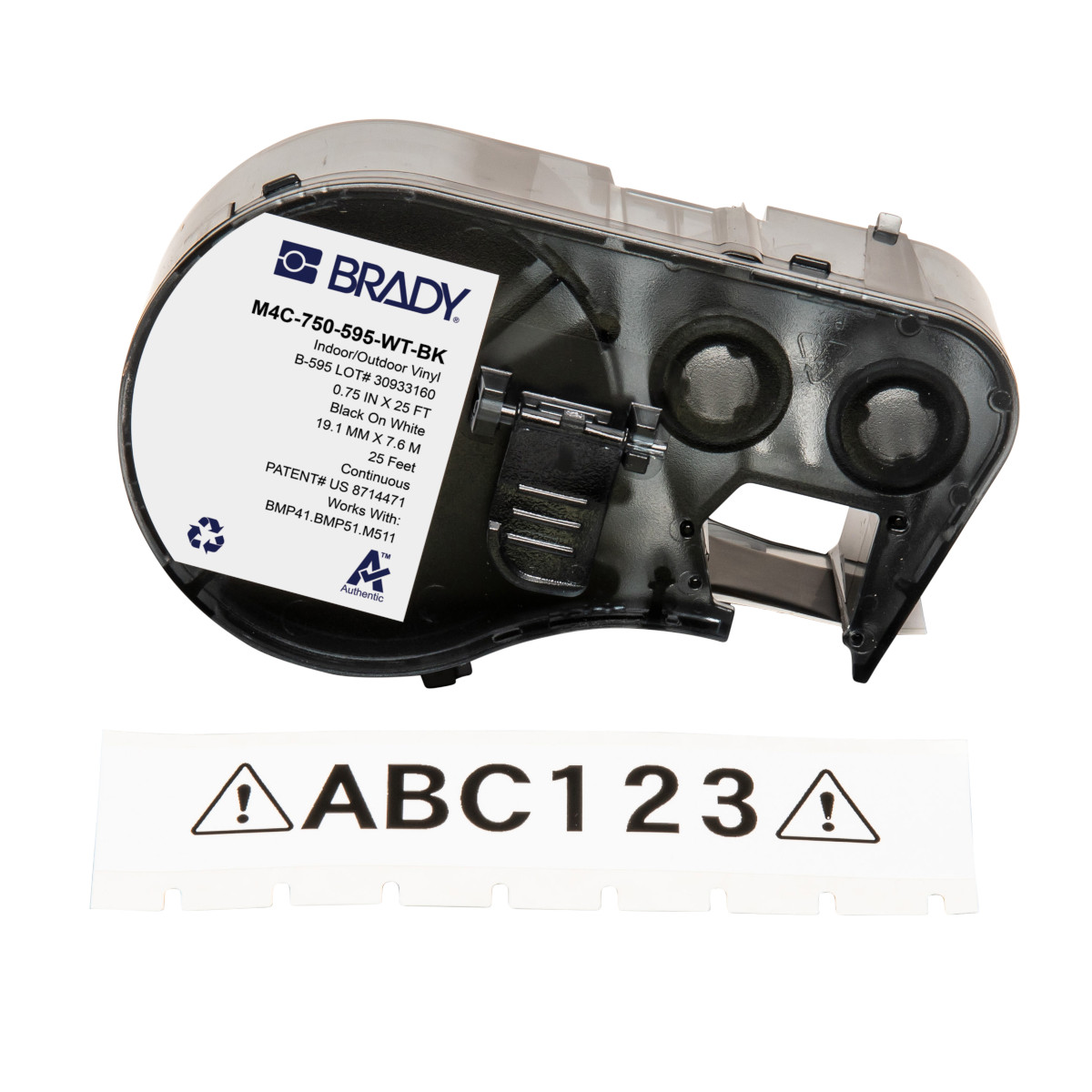BR-M4C-750-595-WT-BK - M4C-750-595-WT-BK CARTUCHO DE ETIQUETA CONTINUA VINIL 0.75inW x 25ftL NEGRO S/BLANCO BRADY
