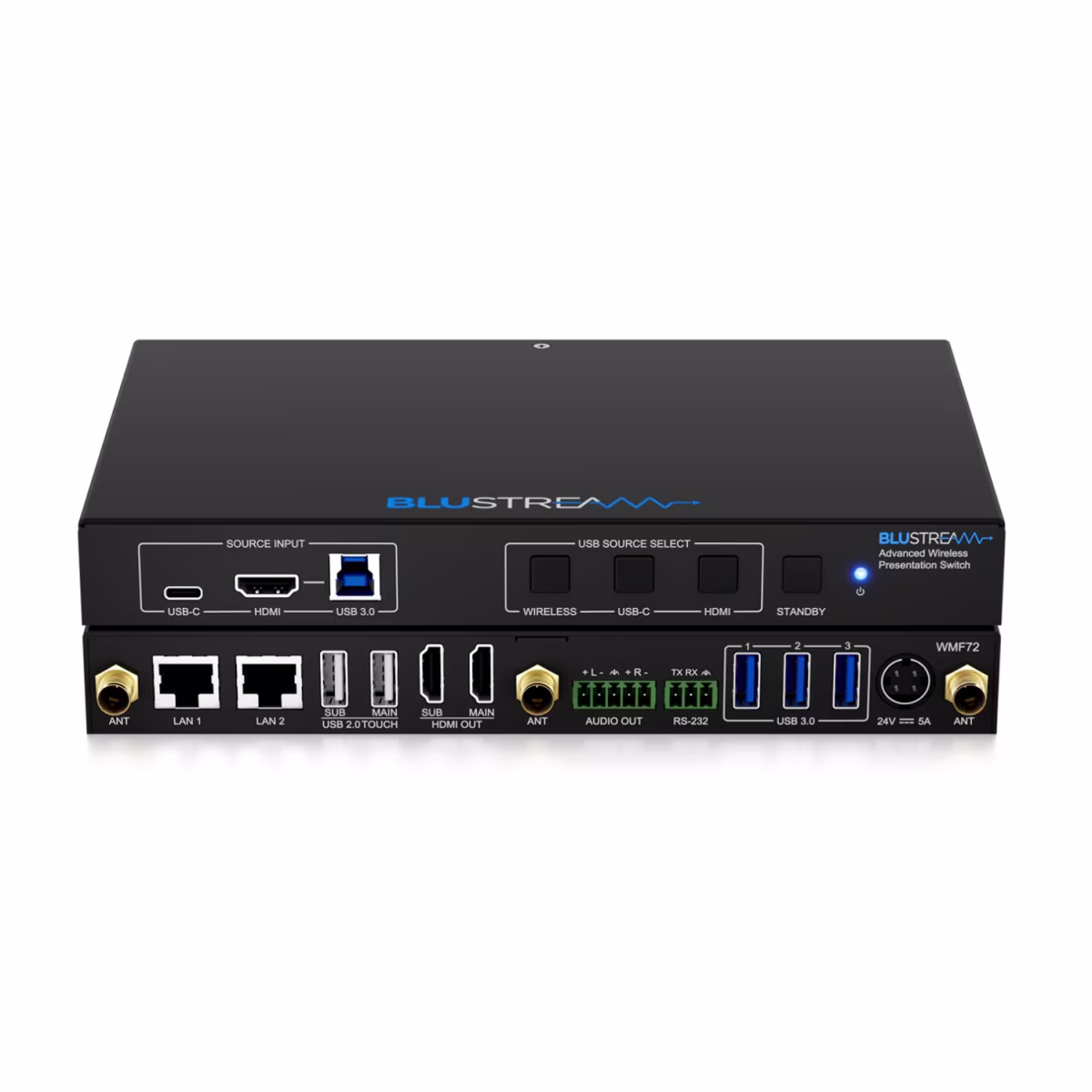 BSWMF72 SWITCH HDMI 4K 1080P INALÁMBRICO, ENTRADA USB-C Y USB TIPO B 3.0, 2 SALIDAS HDMI, 2 PUERTOS ETHERNET, RS-232 CON PANEL FRONTAL DE CONTROL, BLUESTREAM 