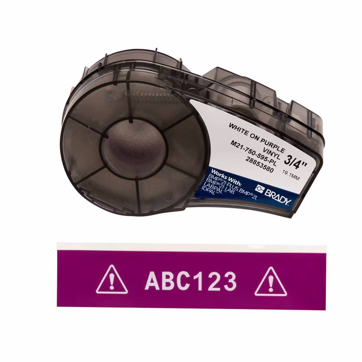 M21-750-595-PL CINTA DE IMPRESIÓN Y CINTA DE ETIQUETAS DE VINILO CON ADHESIVO PERMANENTE PARA TODO TIPO DE CLIMA, IMPRESORAS M21-0.75" BLANCO/MORADO