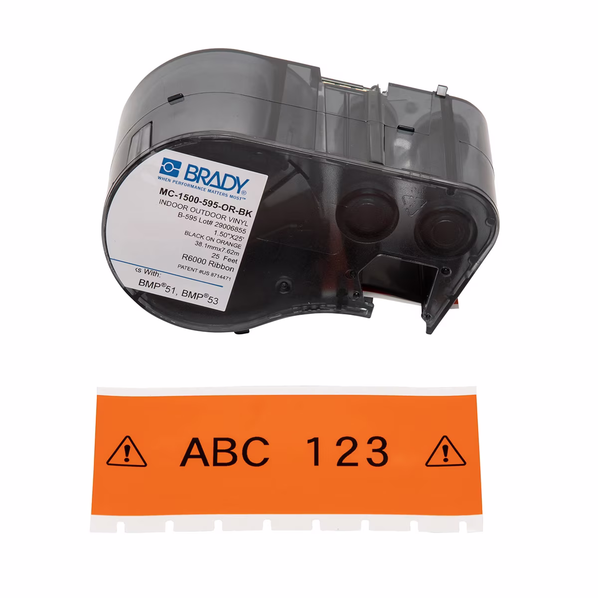 MC-1500-595-OR-BK CARTUCHO DE ETIQUETAS VINIL 1.5inW x 25ftL NEGRO S/ANARANJADO BRADY