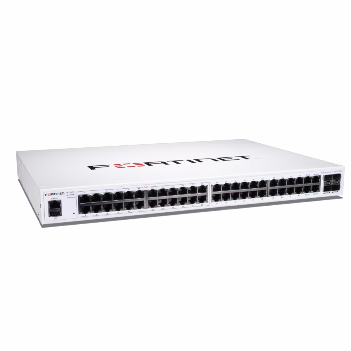 FortiSwitch-148F-POE FortiSwitch-148F-POE is a performance/price competitive L2+ management switch with 48x GE port + 4x SFP+ port + 1xRJ45 console. P