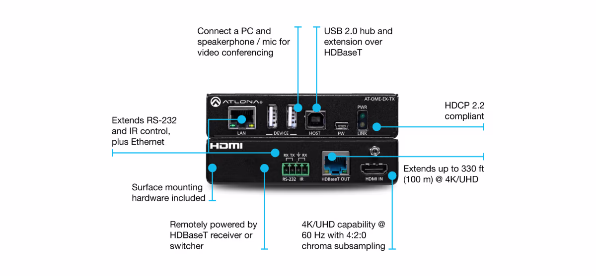 AT-OME-EX-TX TRANSMISOR HDMI 4K/UHD SOBRE HD BASET CON USB, CONTROL POE DE OMEGA