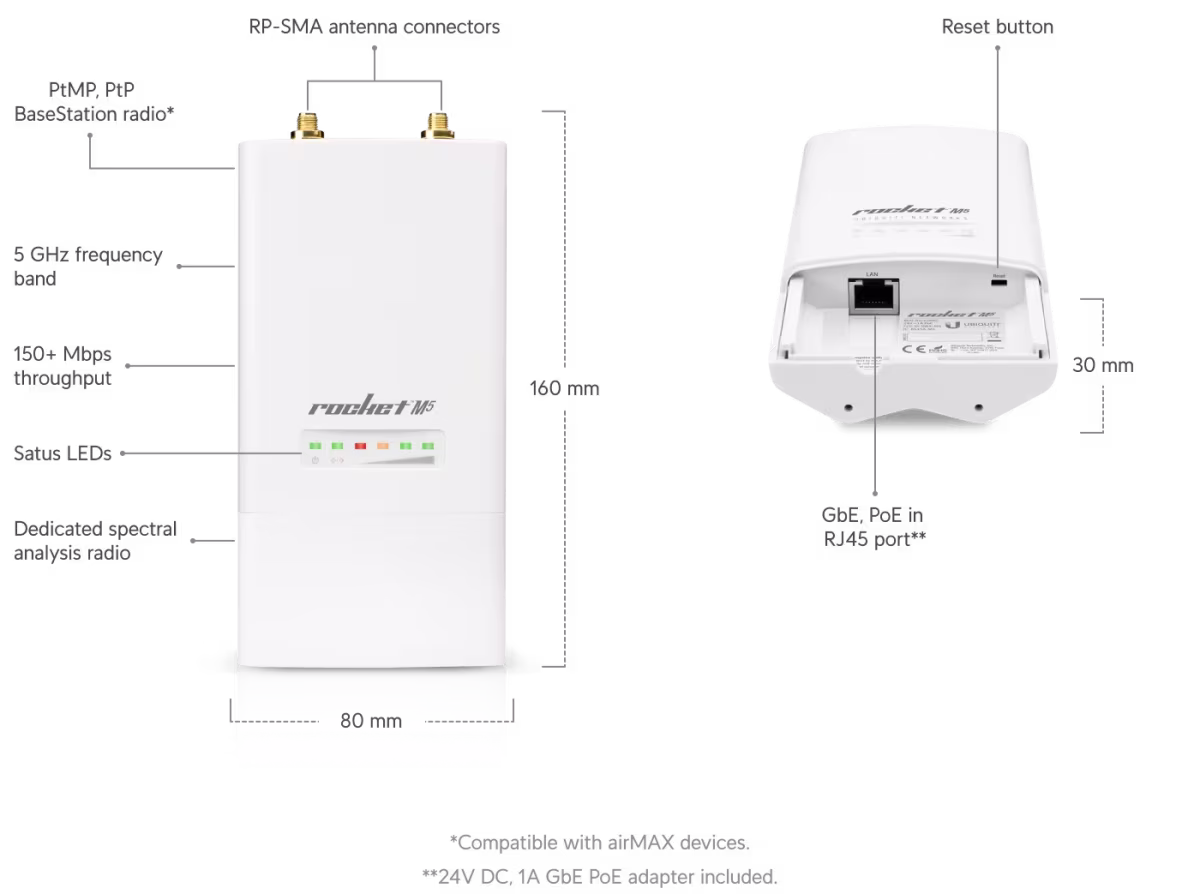 ROCKET M5  ANTENA AirMAX 1PTO 10/100 Mbps, 5GHZ, UBIQUITI