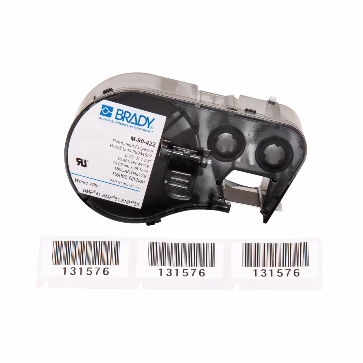 M-90-422	CARTUCHO DE ETIQUETAS POLIESTER 0.75inH x 1.5inW NEGRO S/BLANCO BRADY