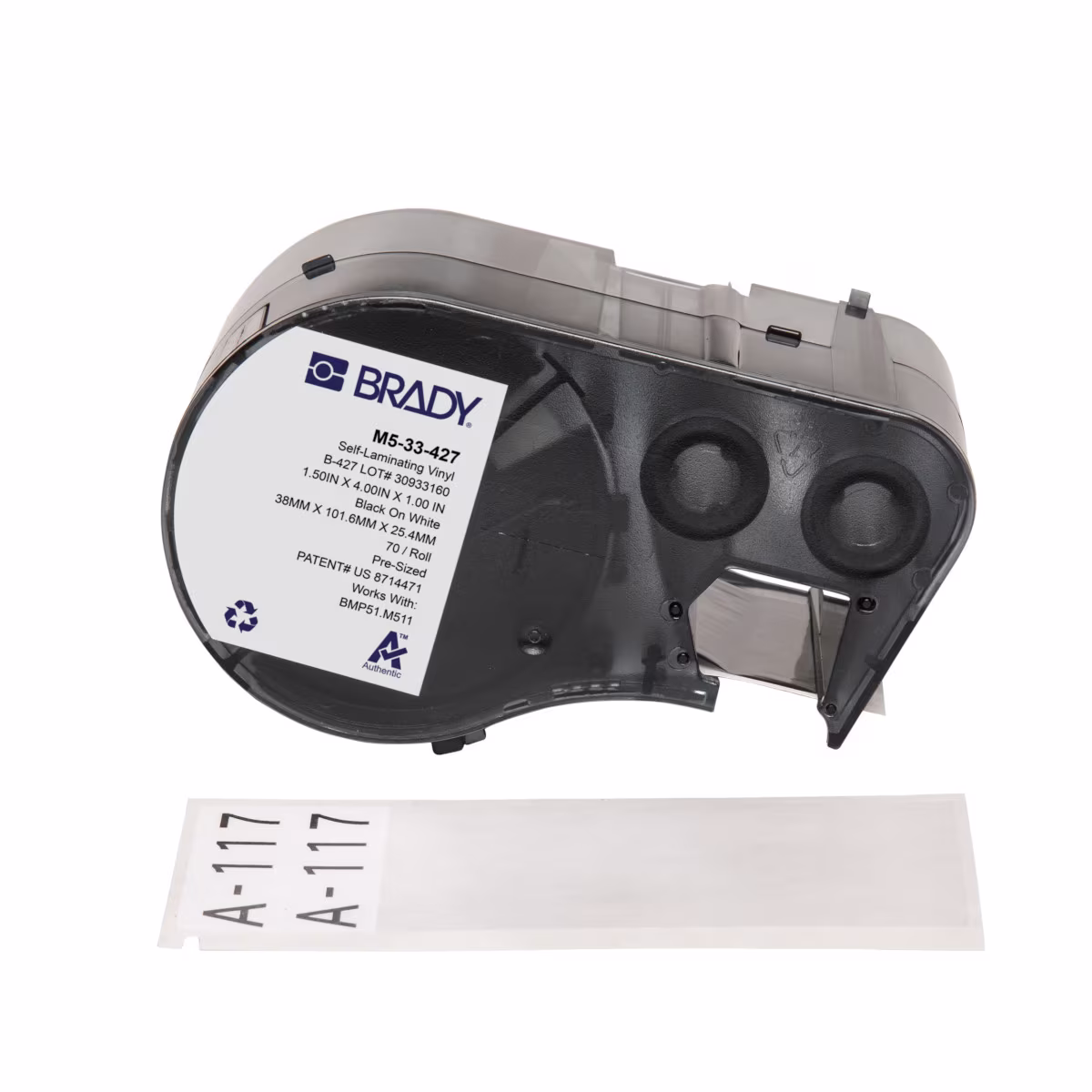 M5-33-427 Etiquetas envolventes autolaminables de vinilo con cinta de impresión para impresoras M5 - 4" x 1.5", Blanco