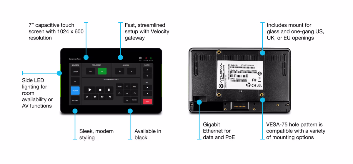 VTP-700VL-BLVELOCITY PANEL TÁCTIL DE 7", ACABADO NEGRO, INCLUIDO KIT DE MONTAJE