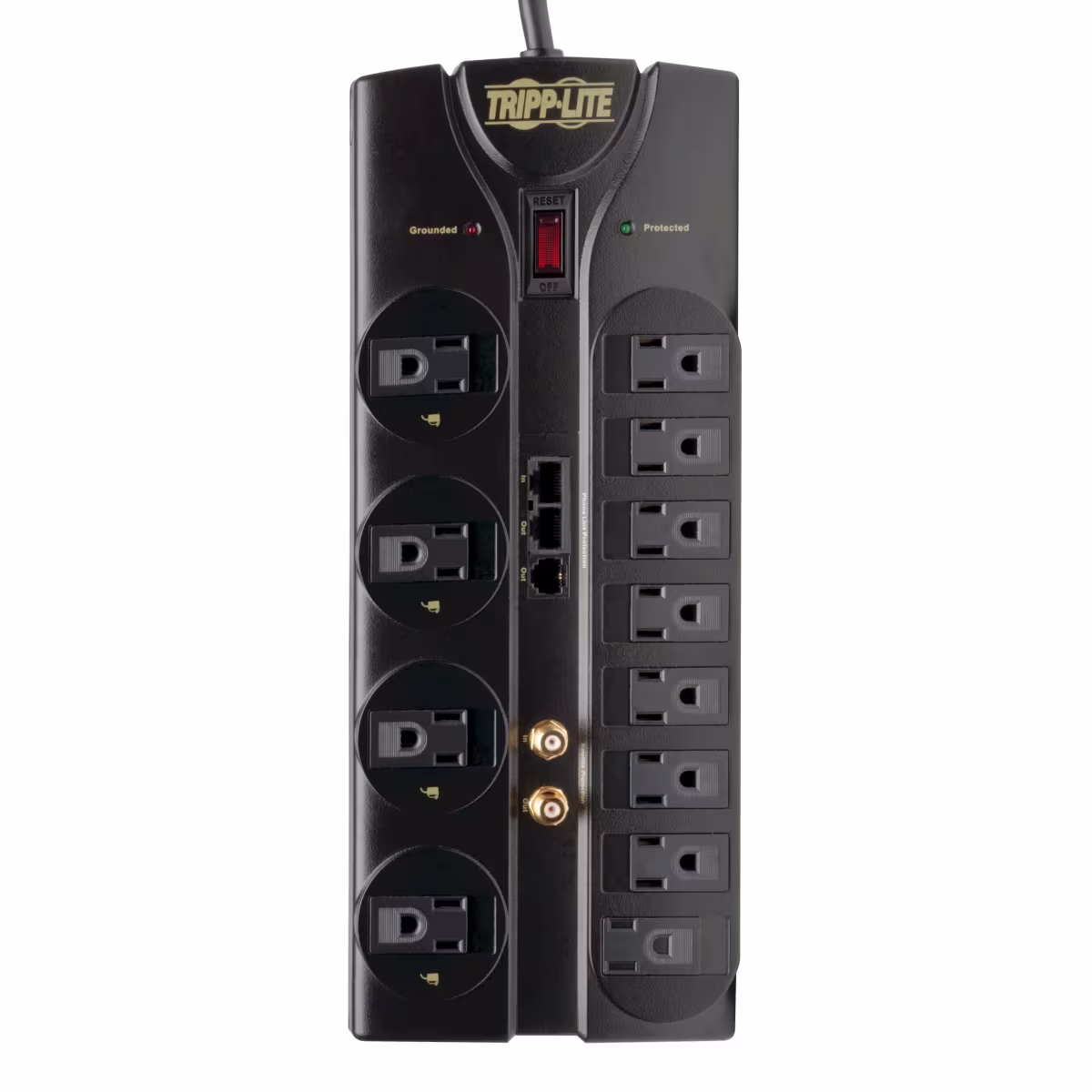 TLP1208SAT Regleta multitomas con supresión de picos hasta 2880J, 12 salidas Nema 5-15R, RJ11 y coaxial