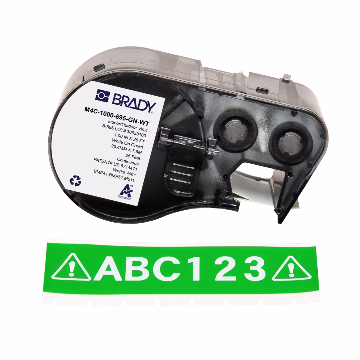 M4C-1000-595-GN-WT CINTA DE ETIQUETAS, VINIL, ADHESIVO PERMANENTE, TODO TIPO DE CLIMA, IMPRESIÓN PARA BMP41/BMP51/M511/M510, 1" BLANCO SOBRE VER VERDE