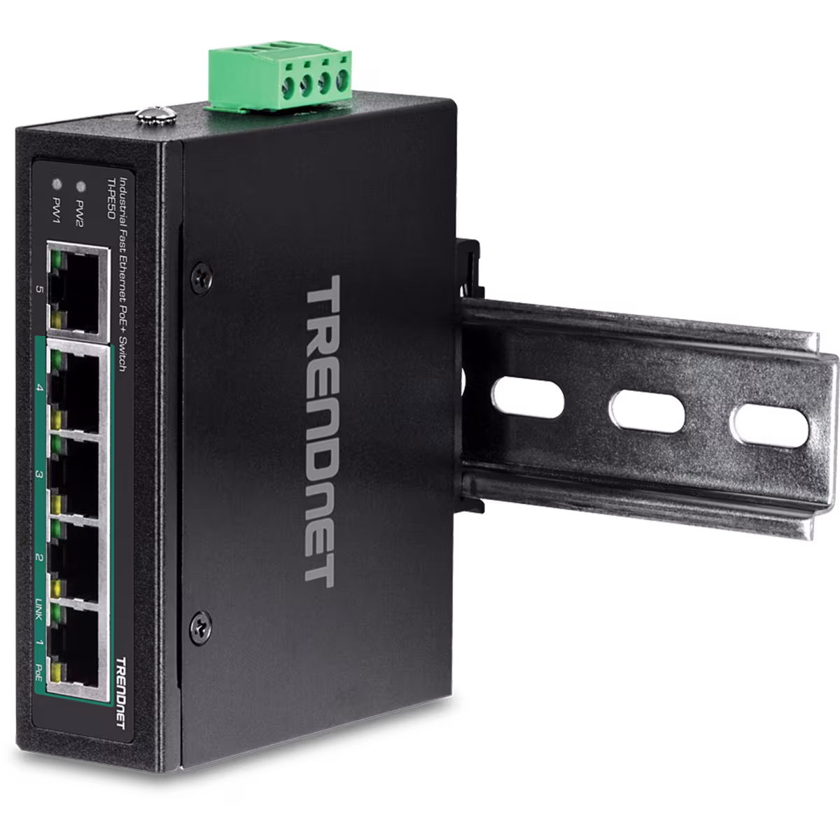 PE50 SWITCH INDUSTRIAL PARA RIEL DIN 5 PTS 10/100, CON 4 POE+, TRENDNET