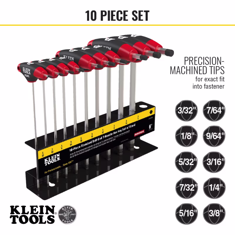 JTH610EB Juego de llaves hexagonales SAE de 15,2 cm con mango en T, punta de bola y soporte, de 10 piezas