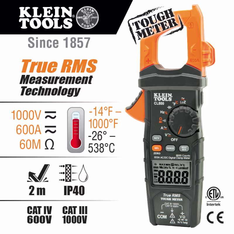 CL800 MULTÍMETRO DE GANCHO 600 A CAD/CD, TRMS DE RANGO AUTO, C/MEDIDOR DE TEMPERATURA KLEIN