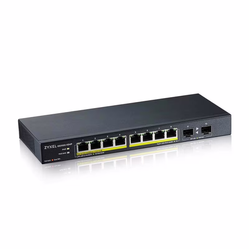 GS1100-10HP SWITCH 8 PUERTOS GIGABIT  con PoE 802.3AT / 802.3AF y dos bahias SFP