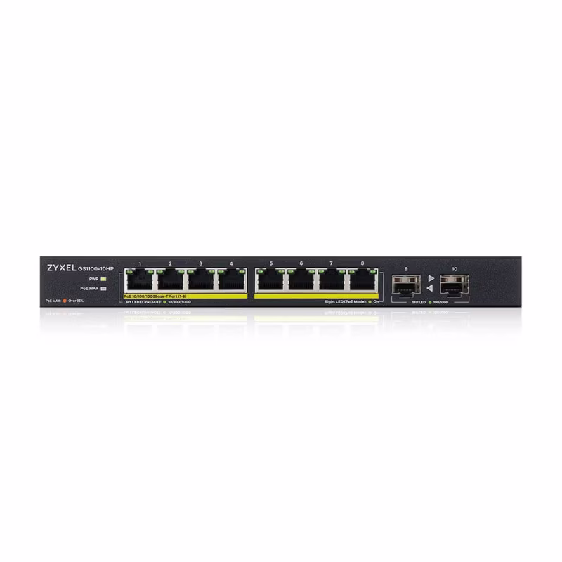 GS1100-10HP SWITCH 8 PUERTOS GIGABIT  con PoE 802.3AT / 802.3AF y dos bahias SFP