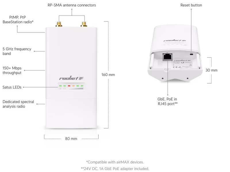 ROCKET M5  ANTENA AirMAX 1PTO 10/100 Mbps, 5GHZ, UBIQUITI