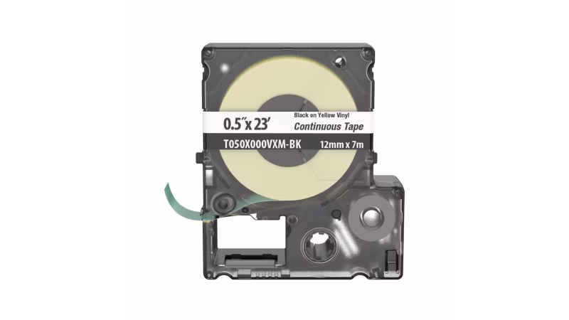 T050X000VXM-BK ETIQUETA CONTINUA VINYL 0.47" X 276" IMPRESIÓN NEGRO SOBRE AMARILLO 