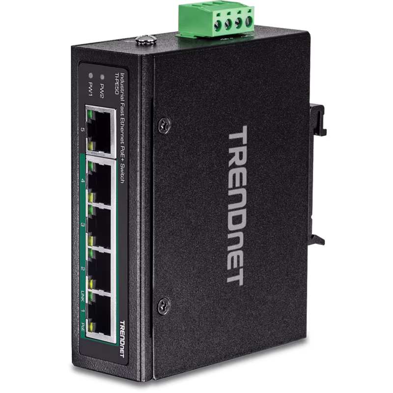 PE50 SWITCH INDUSTRIAL PARA RIEL DIN 5 PTS 10/100, CON 4 POE+, TRENDNET