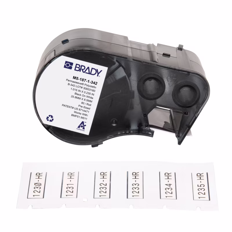 M5-187-1-342 PermaSleeve Etiquetas termorretráctiles con cinta para impresoras BMP51 M511 - 0.187" de diámetro x 1", color blanco