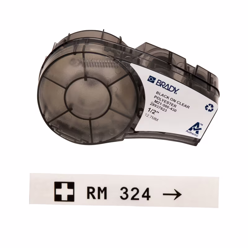 M21-500-430 Etiquetas multiusos transparentes de poliéster para entornos agresivos con cinta de impresión, para impresoras M21 - 0.5", negro sobre transparente