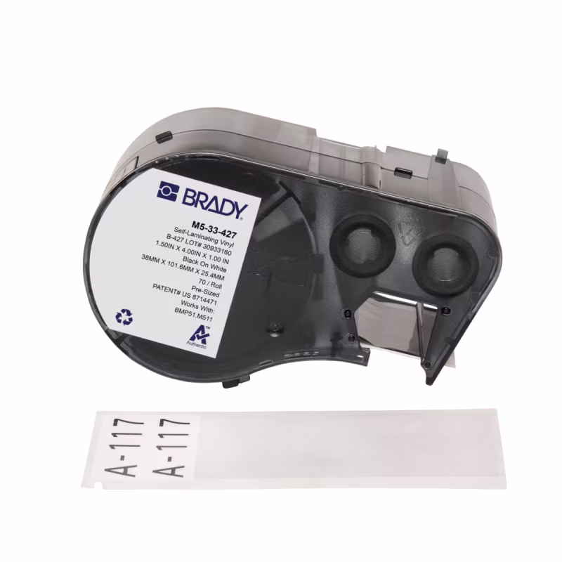 M5-33-427 Etiquetas envolventes autolaminables de vinilo con cinta de impresión para impresoras M5 - 4" x 1.5", Blanco