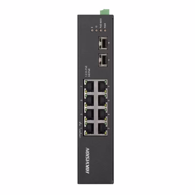 DS-3T0510HP-E/HS(O-STD) SWITCH INDUSTRIAL NO ADMINISTRABLE 2 GIGA HI-POE 8 PTS - 6 PTS 10/100/1000 POE+ 2 SFP GIGA 240W TEMP -30~65°P DIN SIN FUENTE