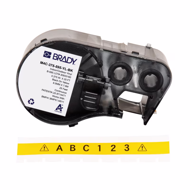 Cinta de etiquetas de vinilo con adhesivo permanente para todo tipo de clima con cinta de impresi�n para impresoras M4 M5 -0.375",Negro sobre amarillo