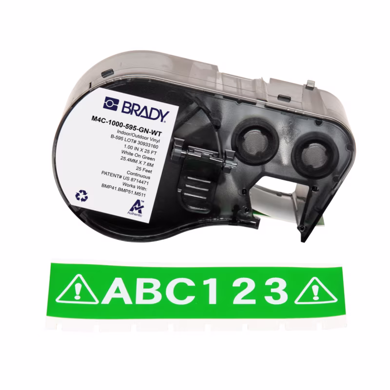 M4C-1000-595-GN-WT CINTA DE ETIQUETAS, VINIL, ADHESIVO PERMANENTE, TODO TIPO DE CLIMA, IMPRESIÓN PARA BMP41/BMP51/M511/M510, 1" BLANCO SOBRE VER VERDE