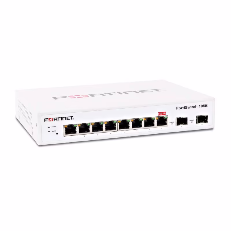 FS-108E switch capa 2 compatible con controlador Fortigate con 8 x GE RJ45 ports, 2x GE SFP, sin ventilador, AC y PSE