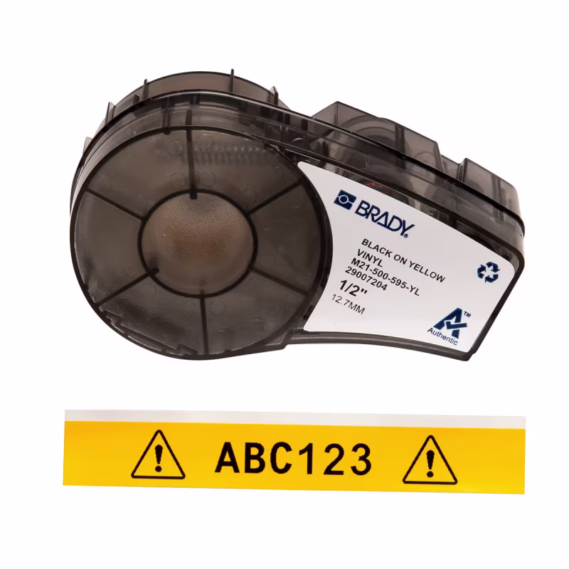 M21-500-595-YL CARTUCHO DE ETIQUETAS VINIL 0.5inW x 21ftL NEGRO S/AMARILLO BRADY