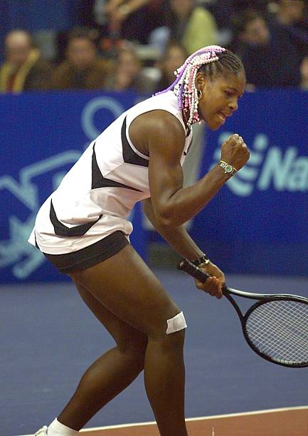 Serena Williams at Open Gaz de France 1999 Semi-Final — white, black, purple, and orange Puma outfit