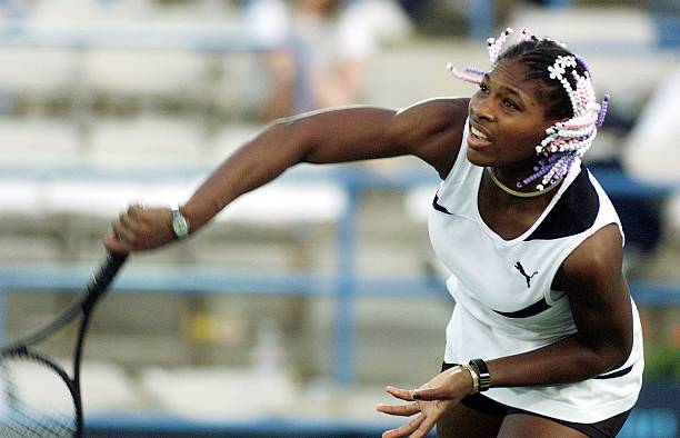 Serena Williams at Indian Wells / Evert Cup 1999 Round 3 — white, black, purple, and pink Puma outfit