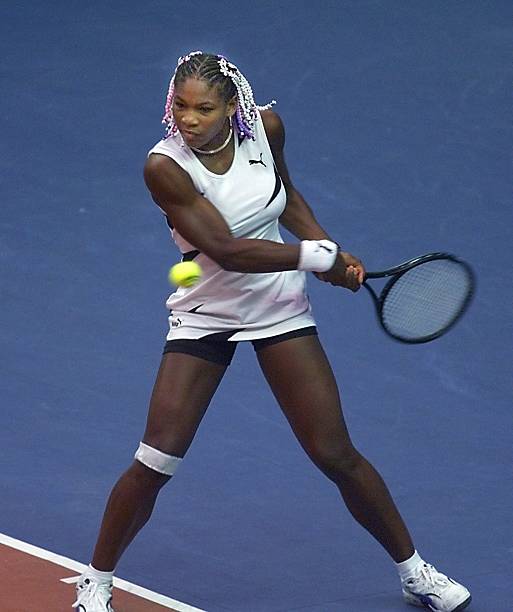 Serena Williams at Open Gaz de France 1999 Final — white, pink, black, and purple Puma outfit