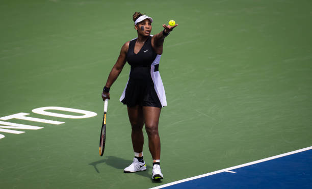Serena Williams at National Bank Open 2022 Round 1 — black, purple, and white outfit