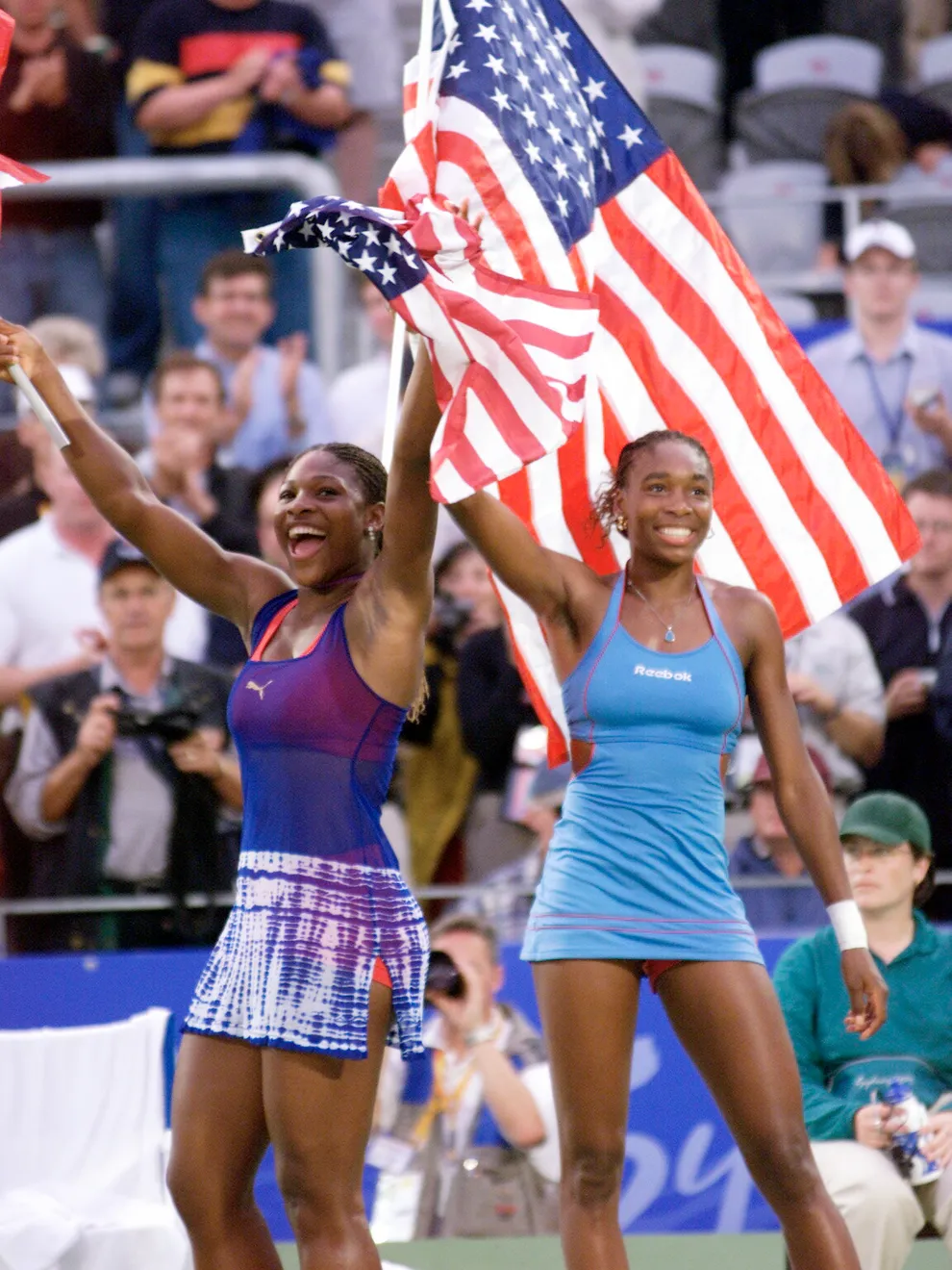 Serena Williams at Olympics 2000 Doubles Final — white, red, and blue Puma outfit
