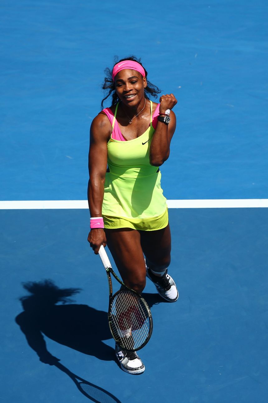 Serena Williams at Australian Open 2015 Quarter-Final — pink and green Nike outfit