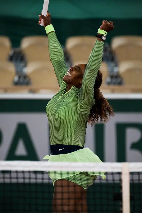 Serena Williams at Roland Garros 2021 Round 1 — green and black Nike outfit