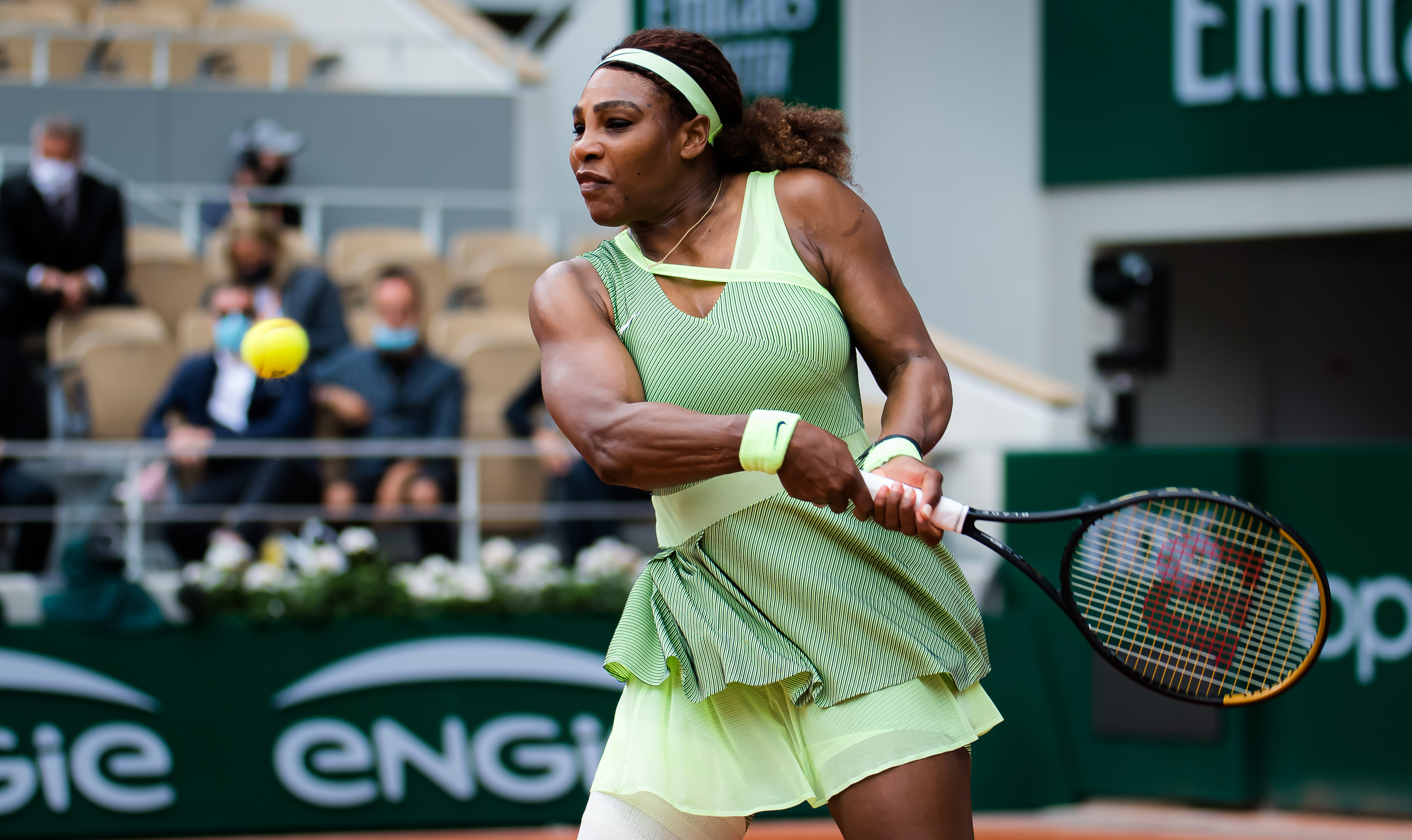 Serena Williams at Roland Garros 2021 Round 3 — green and black Nike outfit
