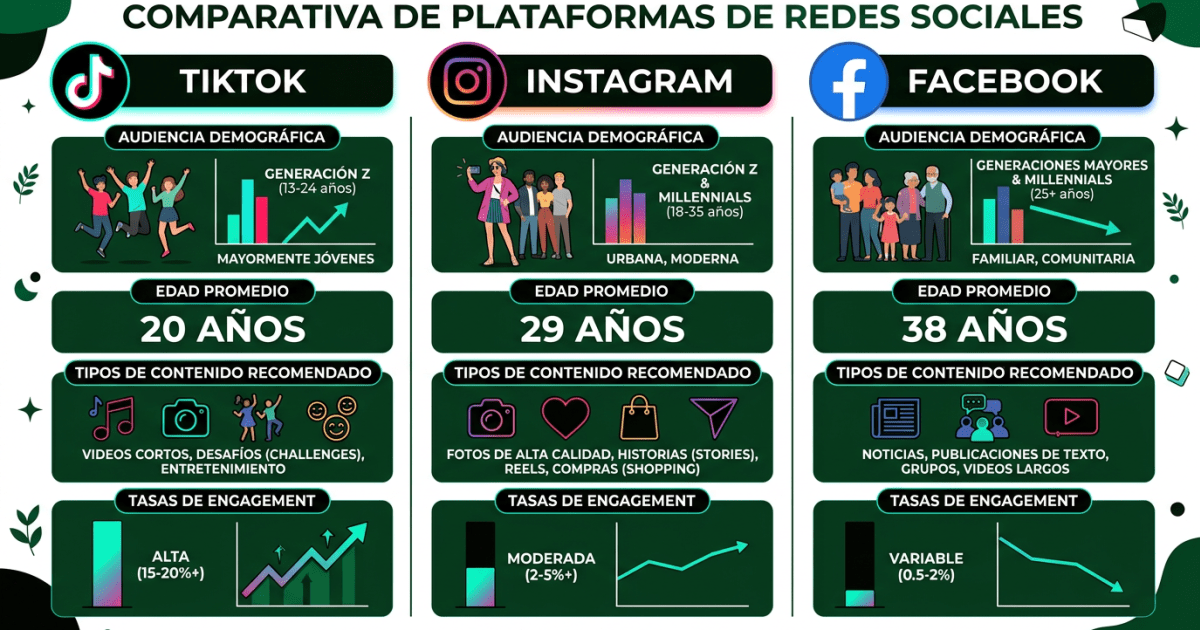 Comparativa visual de TikTok, Instagram y Facebook para elegir la plataforma correcta