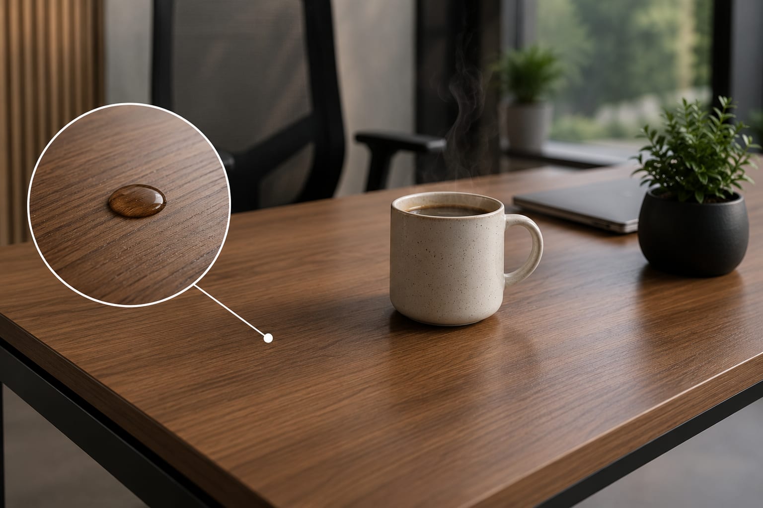 Tåler folierte kontormøbler kaffekopper og desinfeksjon? Alt om slitestyrke