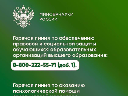 Минобрнауки запустил горячую линию по вопросам правовой и социальной защиты обучающихся